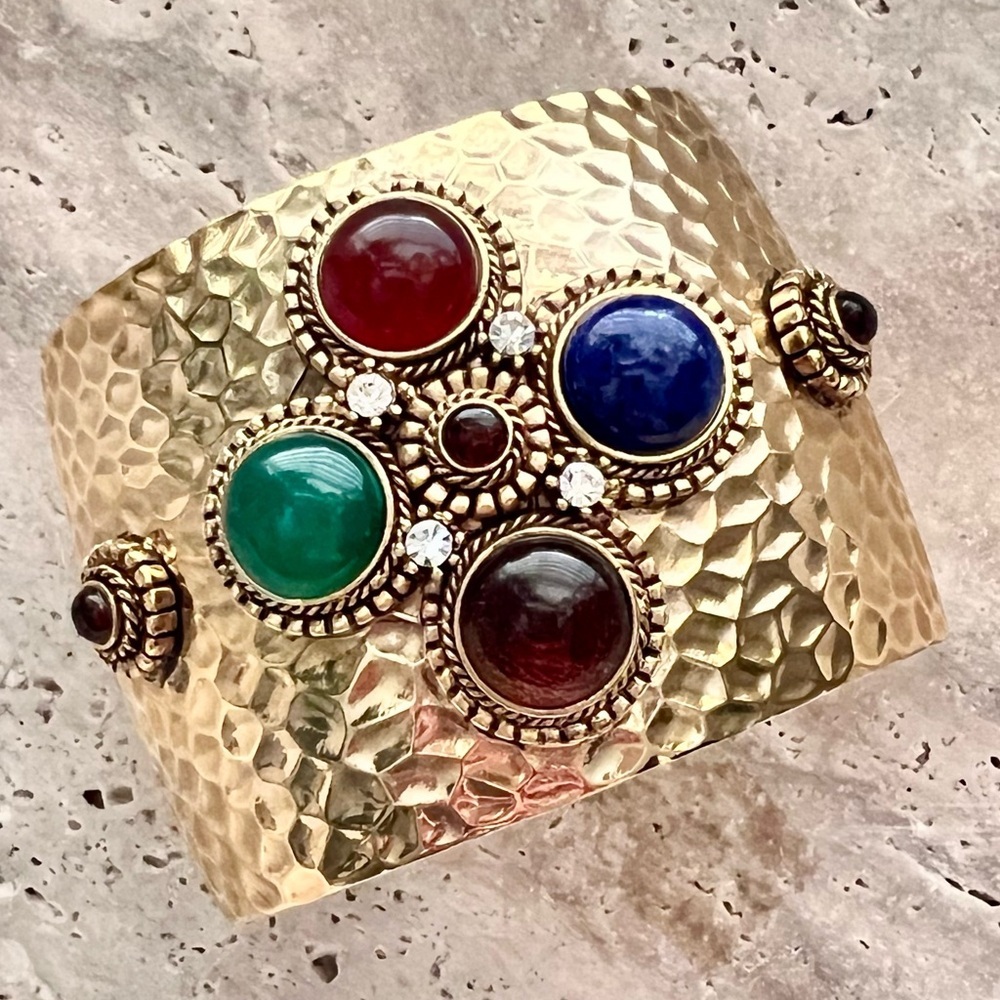 RARE RJ GRAZIANO WIDE CUFF BRACELET HAMMERED GOLD MALTESE CROSS GEMSTONES SIGNED